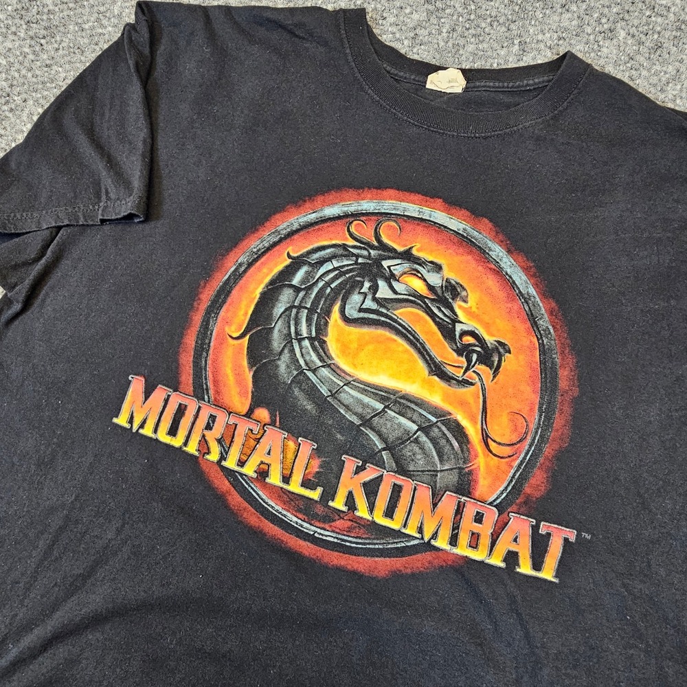 Vtg‎ Mortal Kombat Dragon Logo Graphic T-Shirt Mens 2XL Black Faded Heavyweight